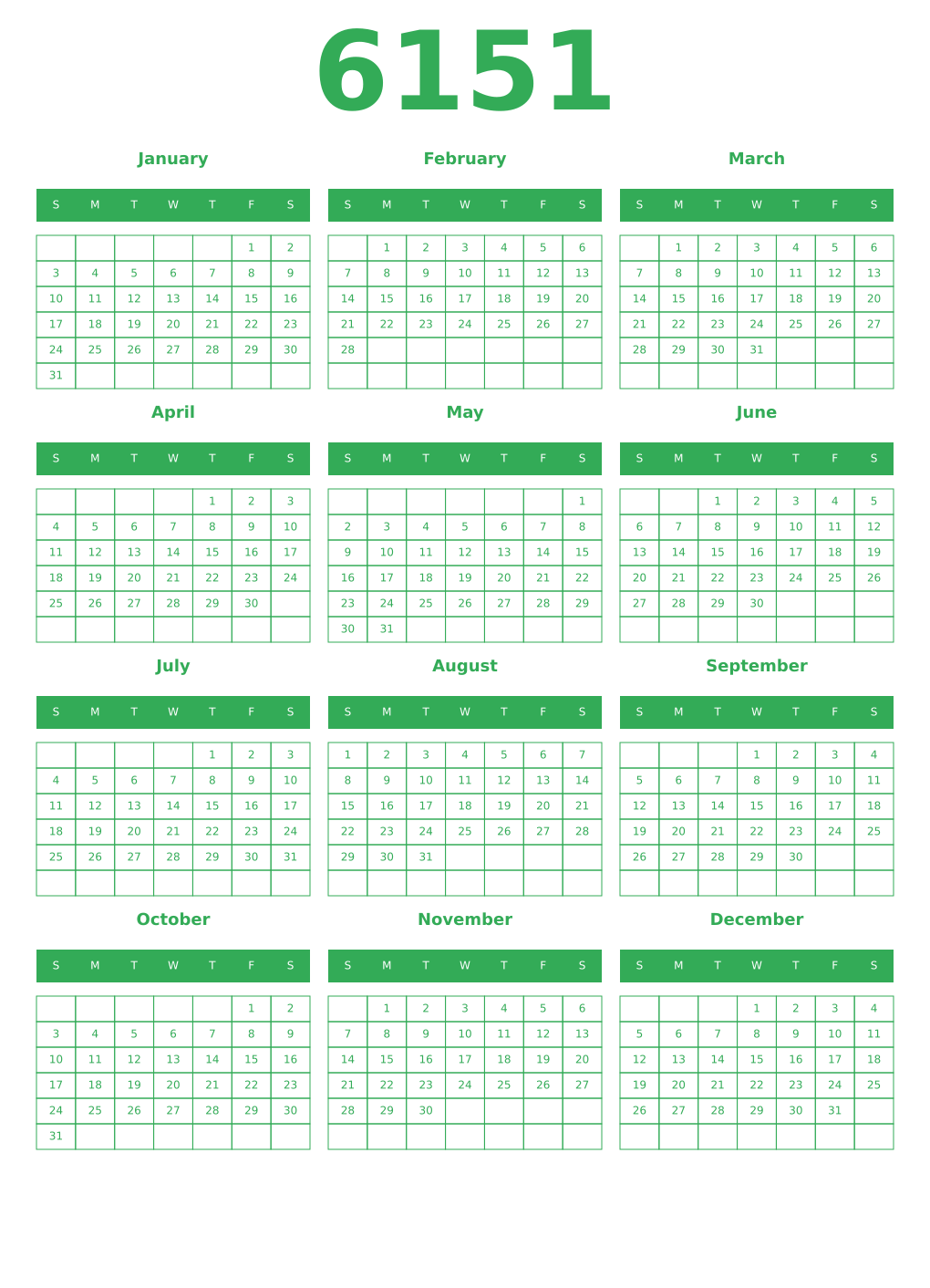 Printable 6151 Year Calendars green