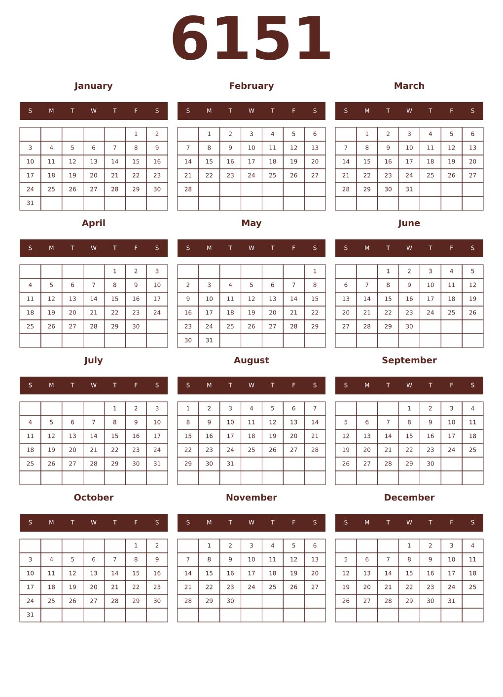 Printable 6151 Year Calendars mortuum