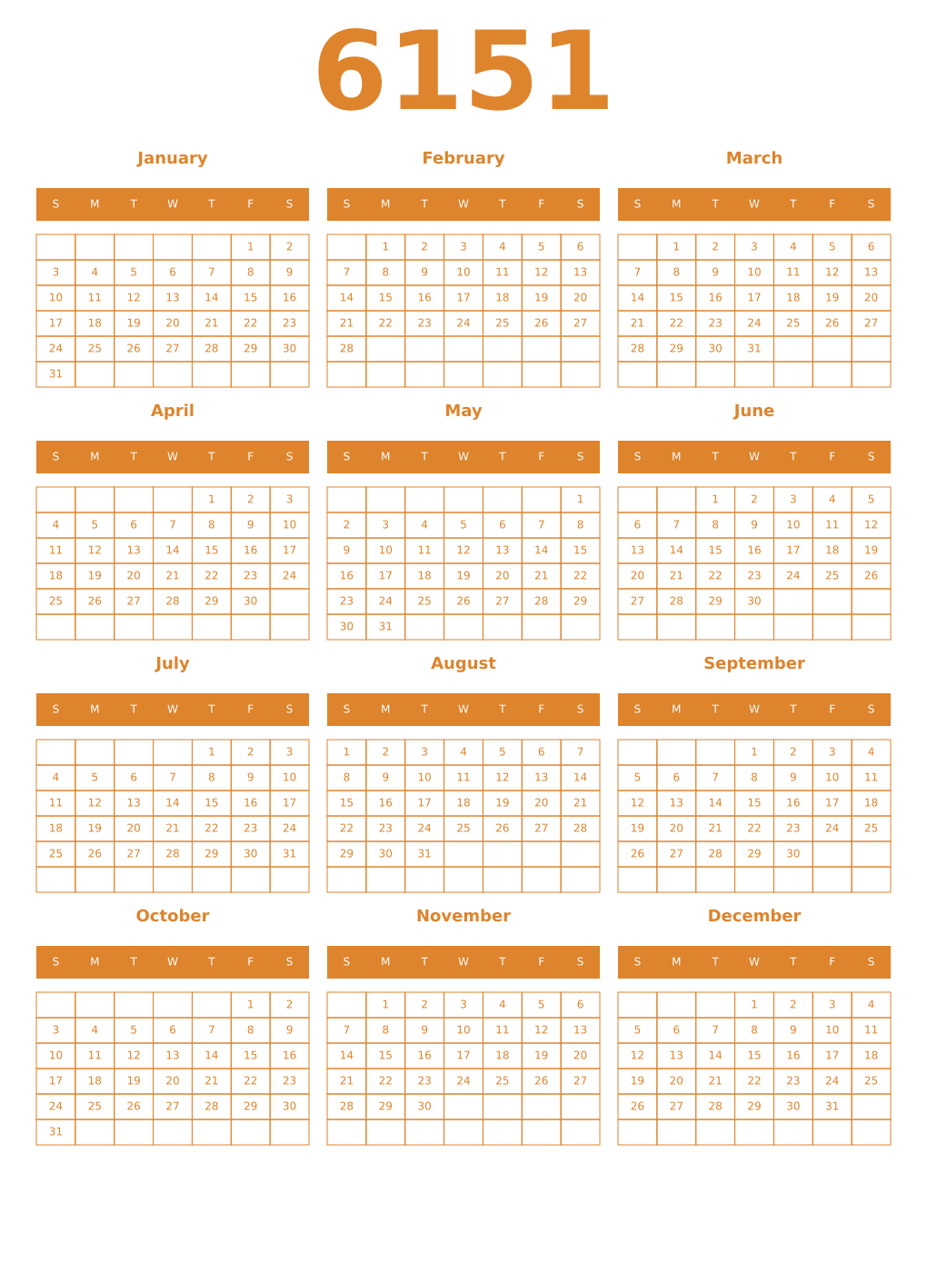 Printable 6151 Year Calendars orange