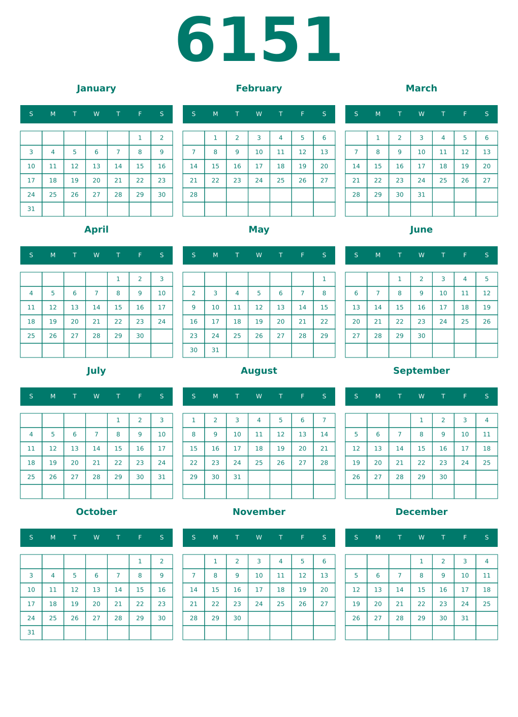 Printable 6151 Year Calendars pastel