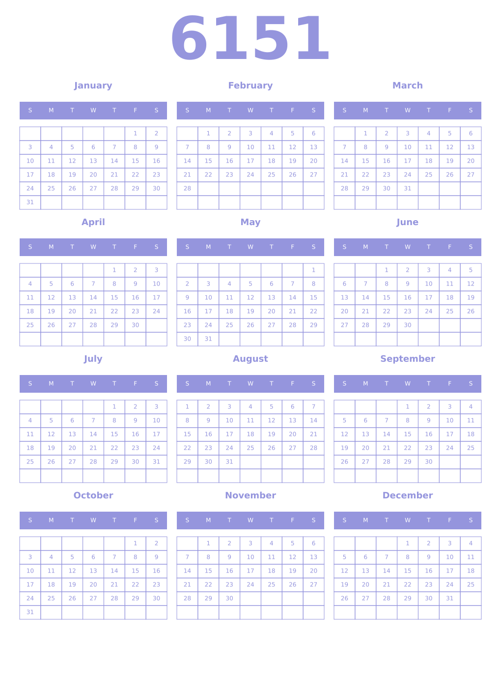 Printable 6151 Year Calendars periwinkle