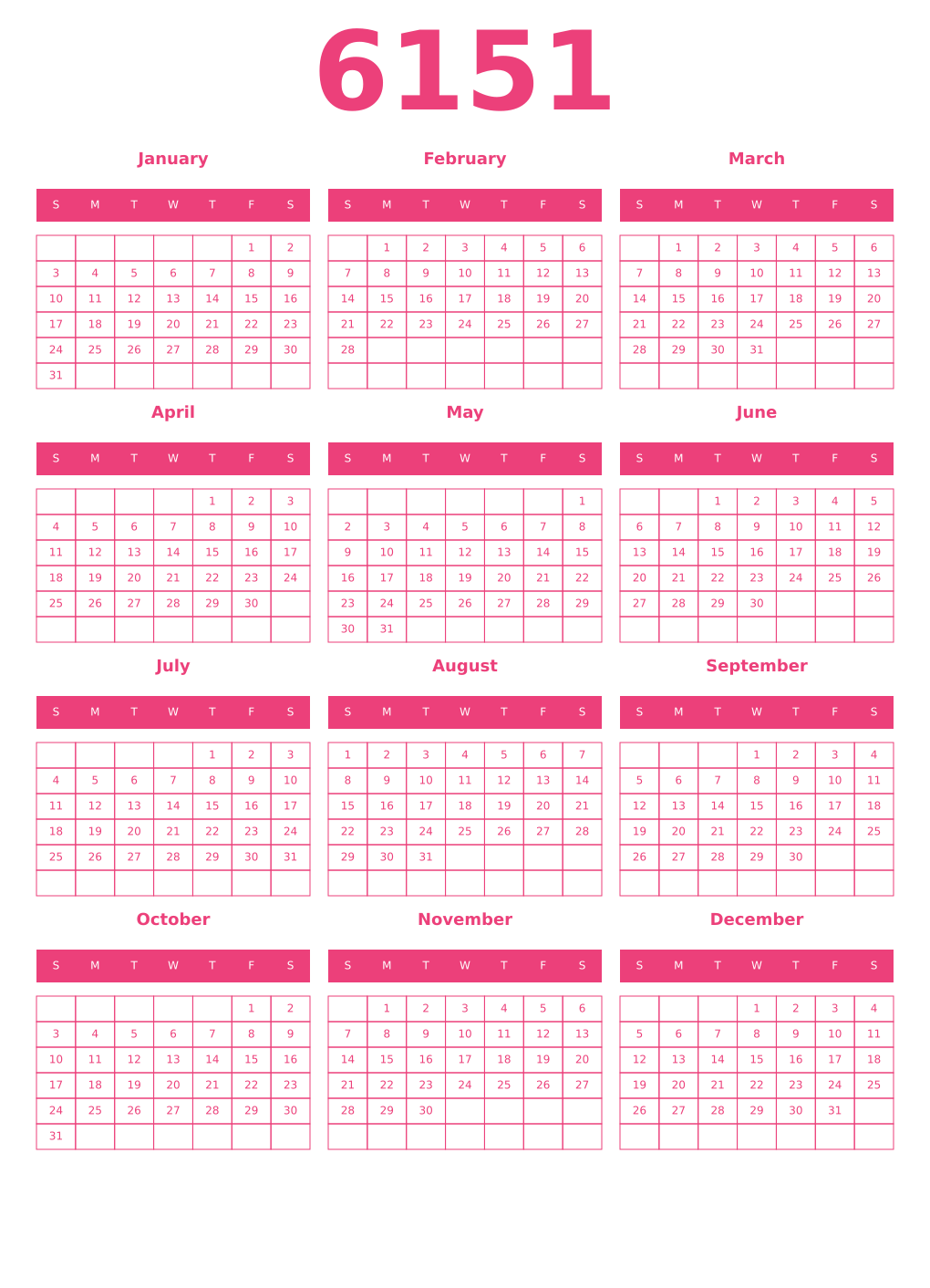 Printable 6151 Year Calendars pink