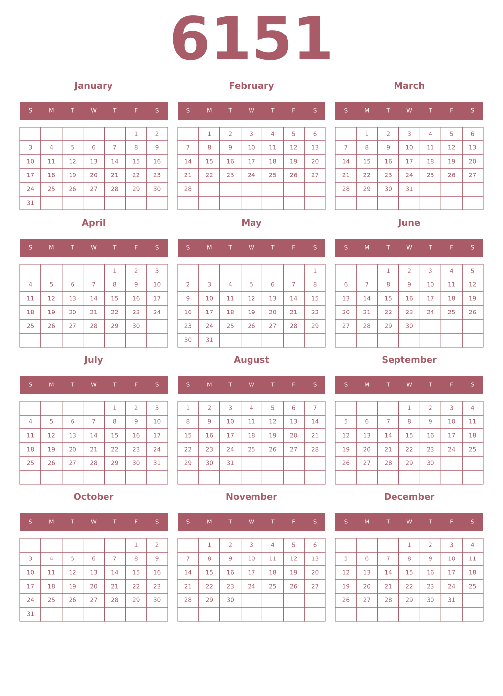 Printable 6151 Year Calendars puce