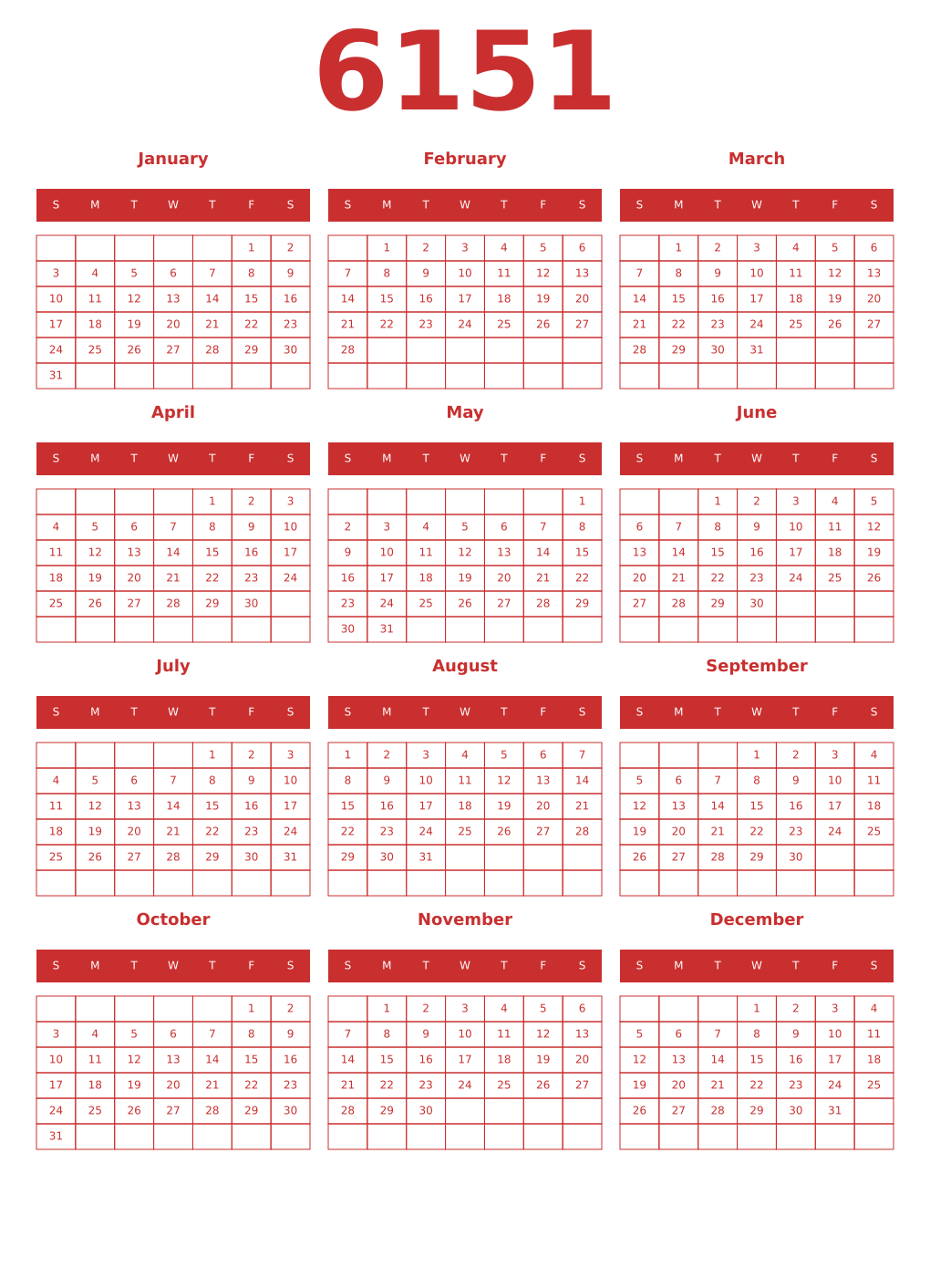 Printable 6151 Year Calendars red