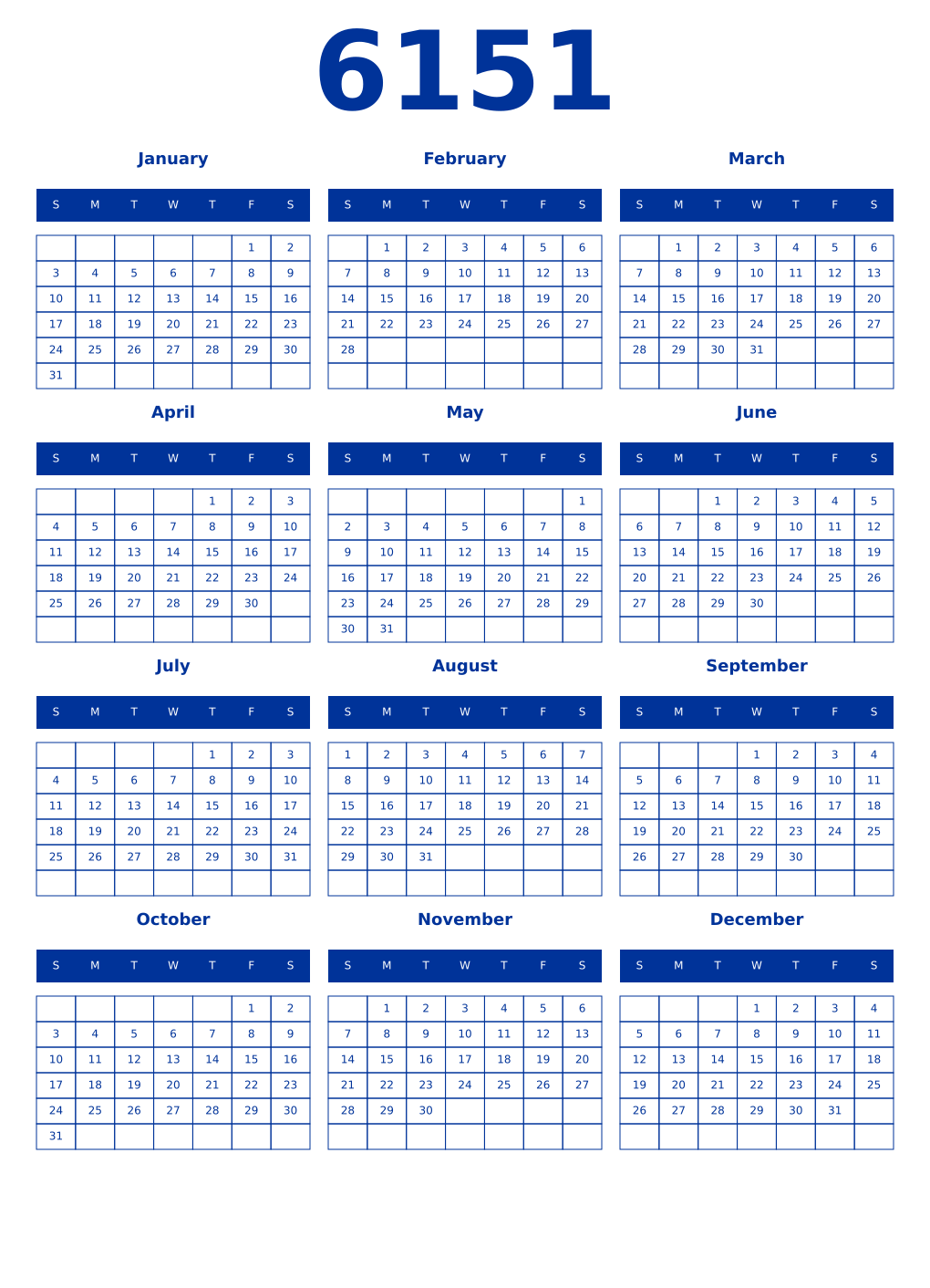 Printable 6151 Year Calendars smalt