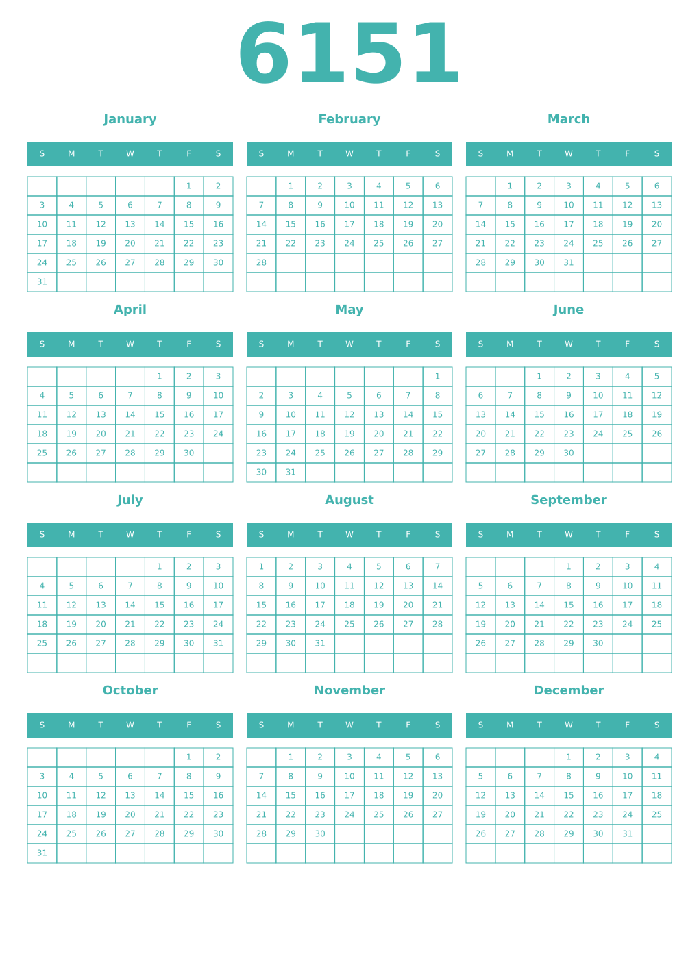 Printable 6151 Year Calendars verdigris