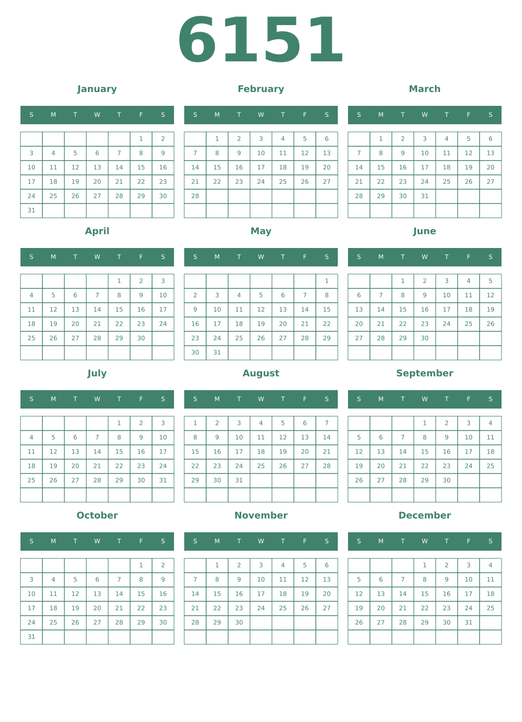 Printable 6151 Year Calendars viridian