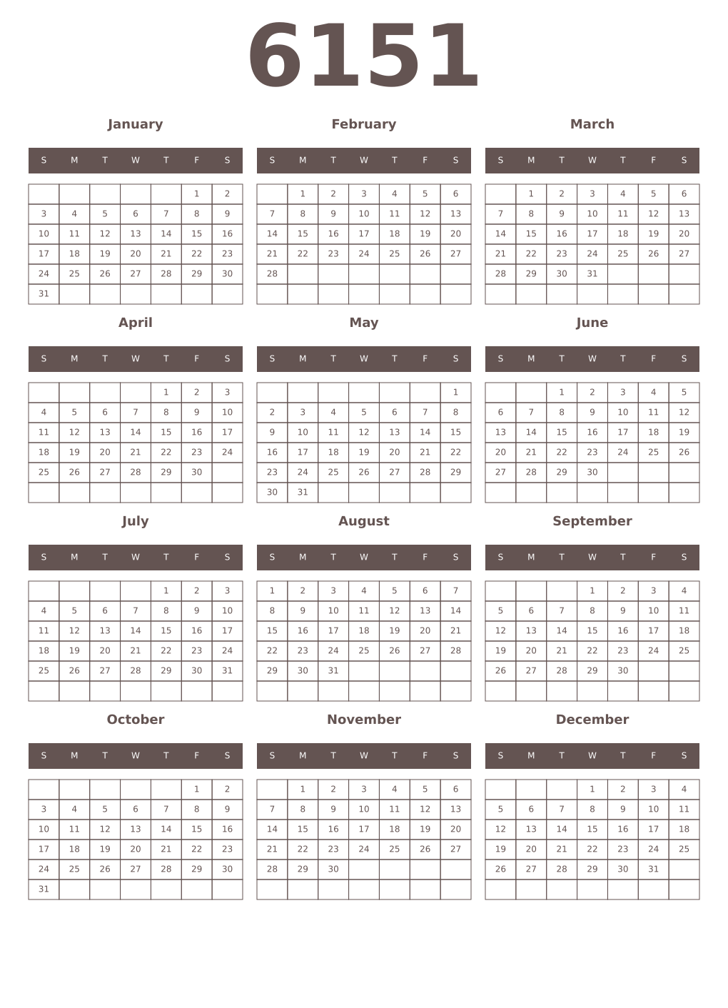 Printable 6151 Year Calendars wenge