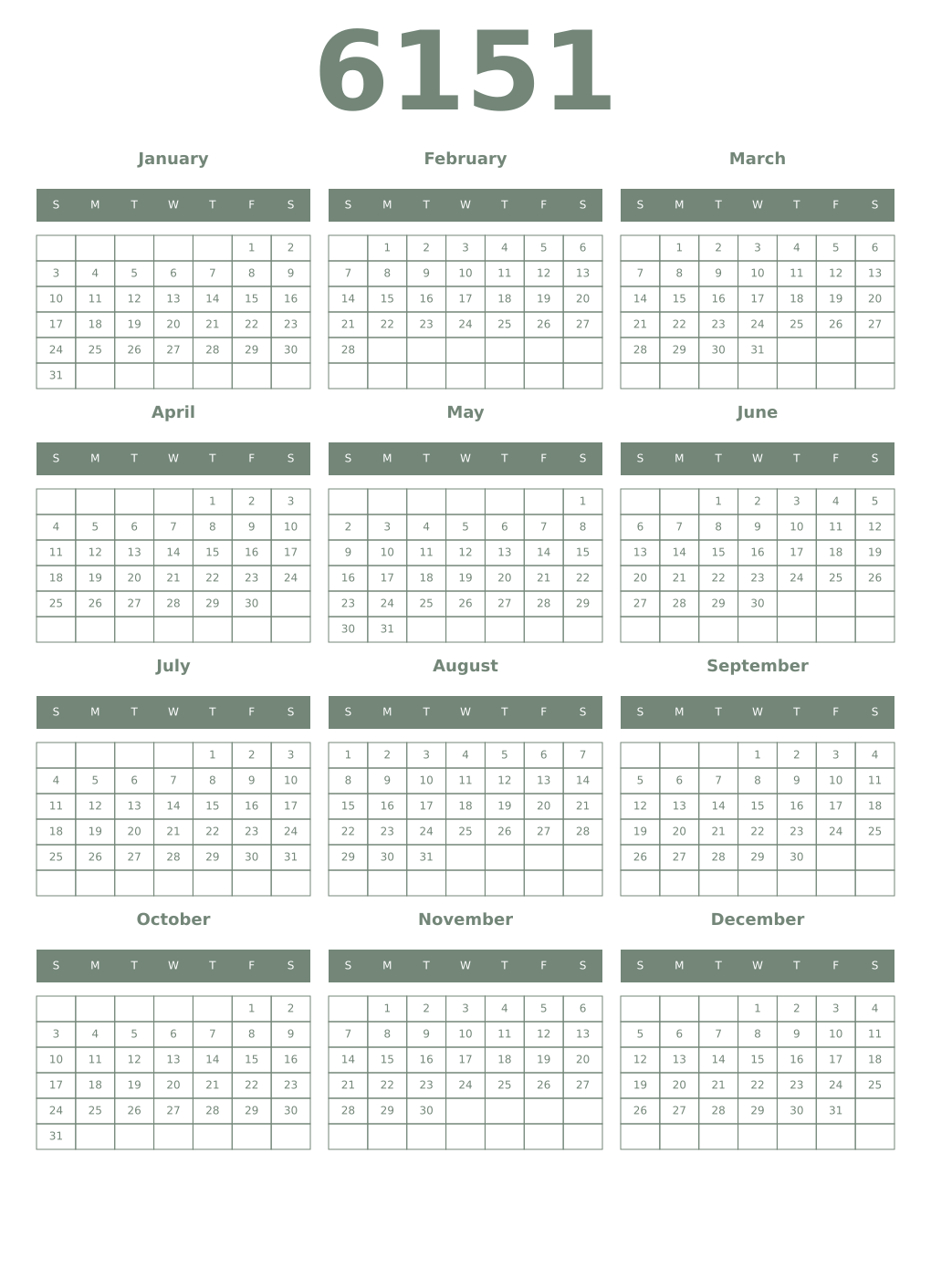 Printable 6151 Year Calendars xanadu