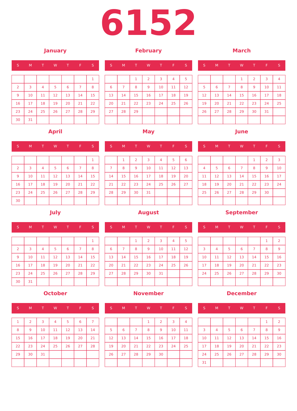 Printable 6152 Year Calendars amaranth
