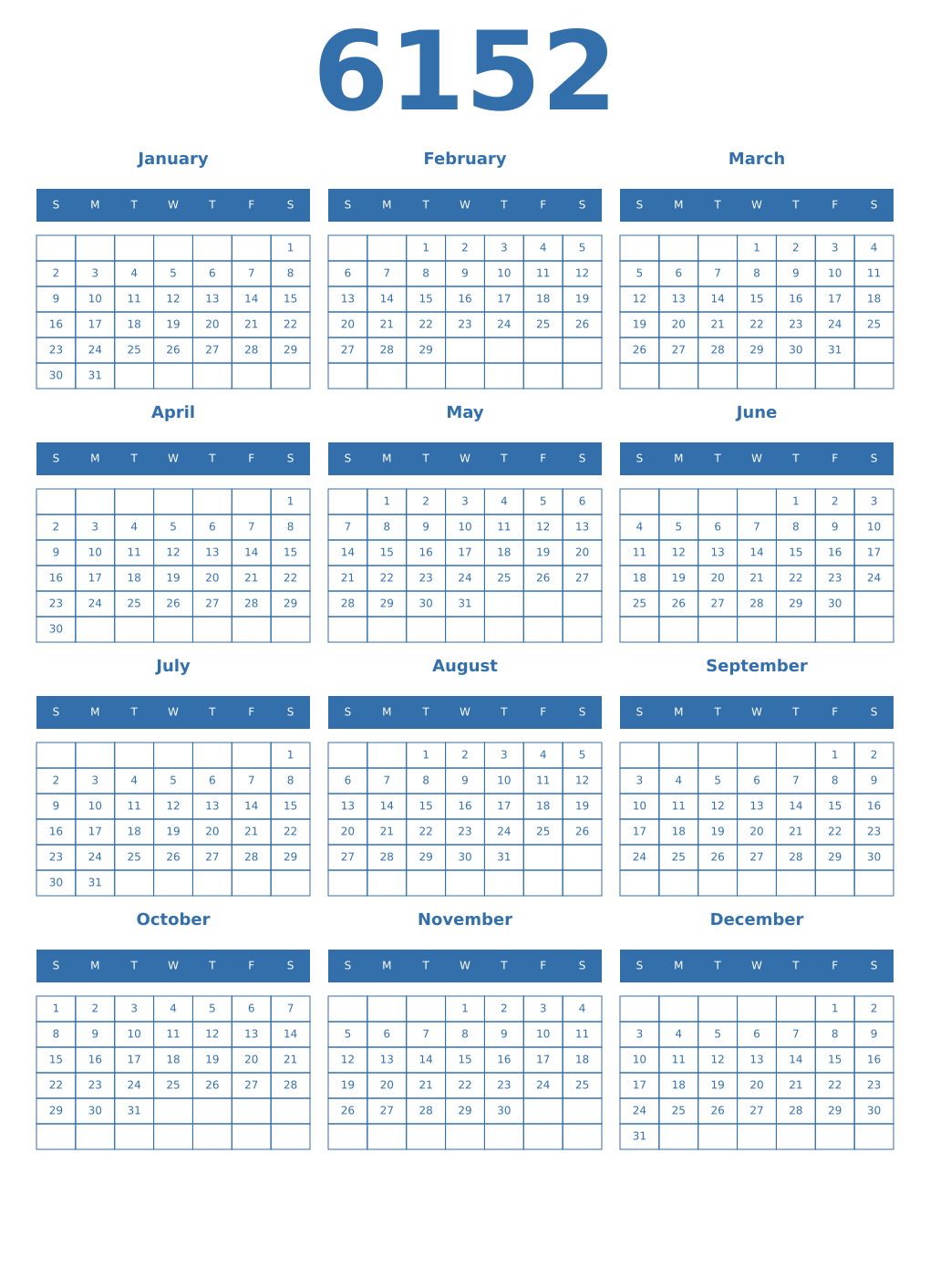 Printable 6152 Year Calendars blue