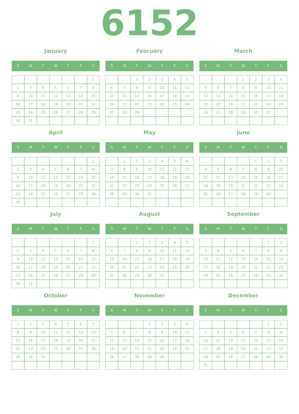 Printable 6152 Year Calendars celadon