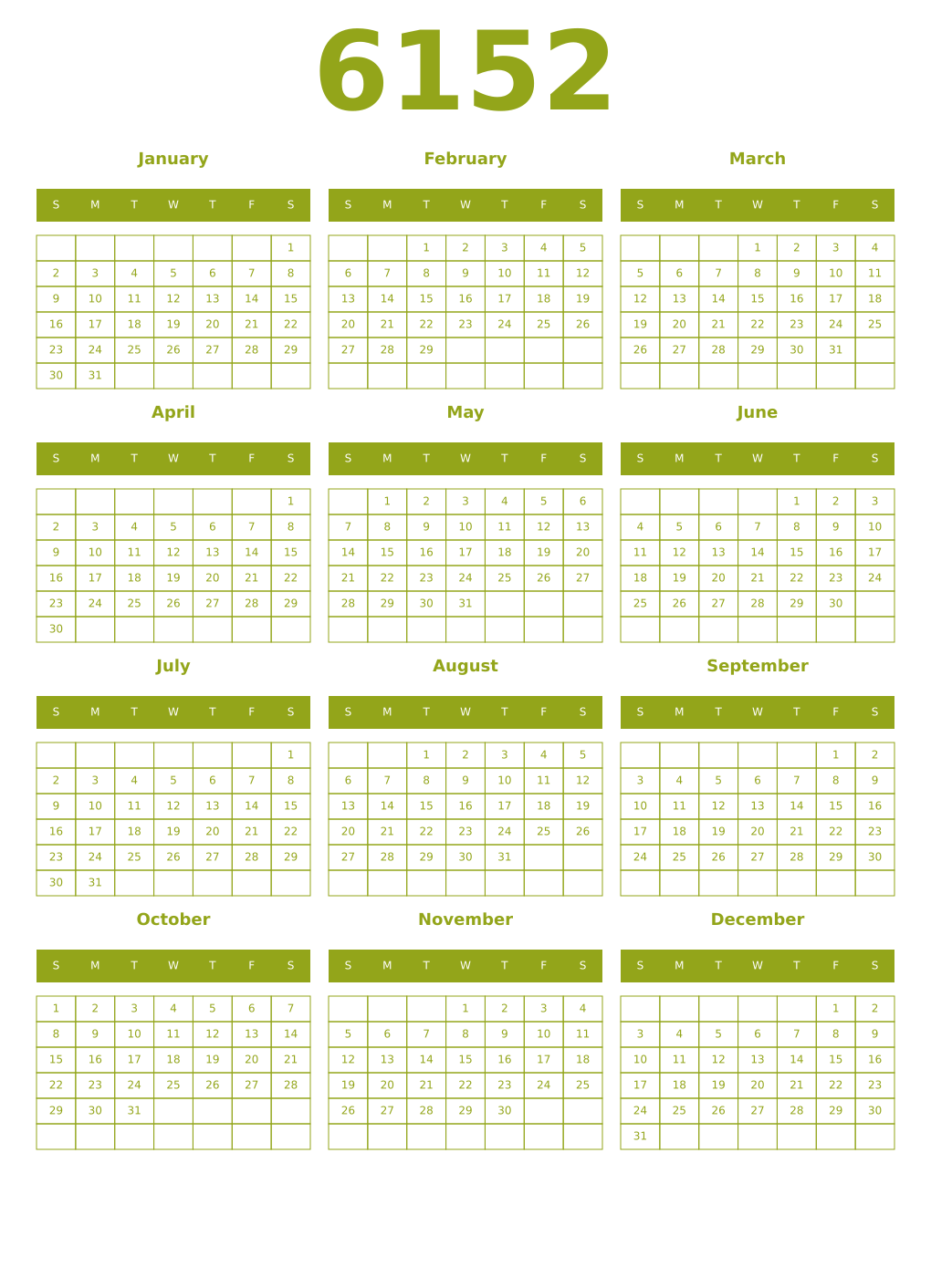 Printable 6152 Year Calendars chartreuse