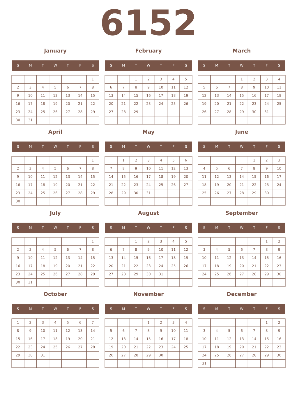 Printable 6152 Year Calendars coffe