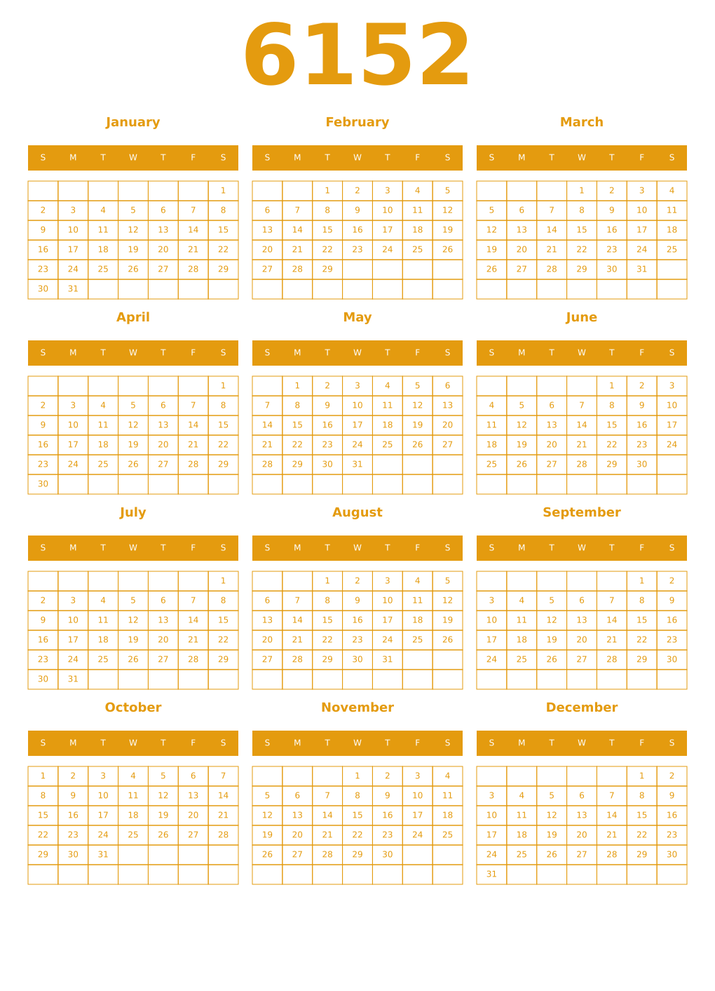 Printable 6152 Year Calendars gamboge