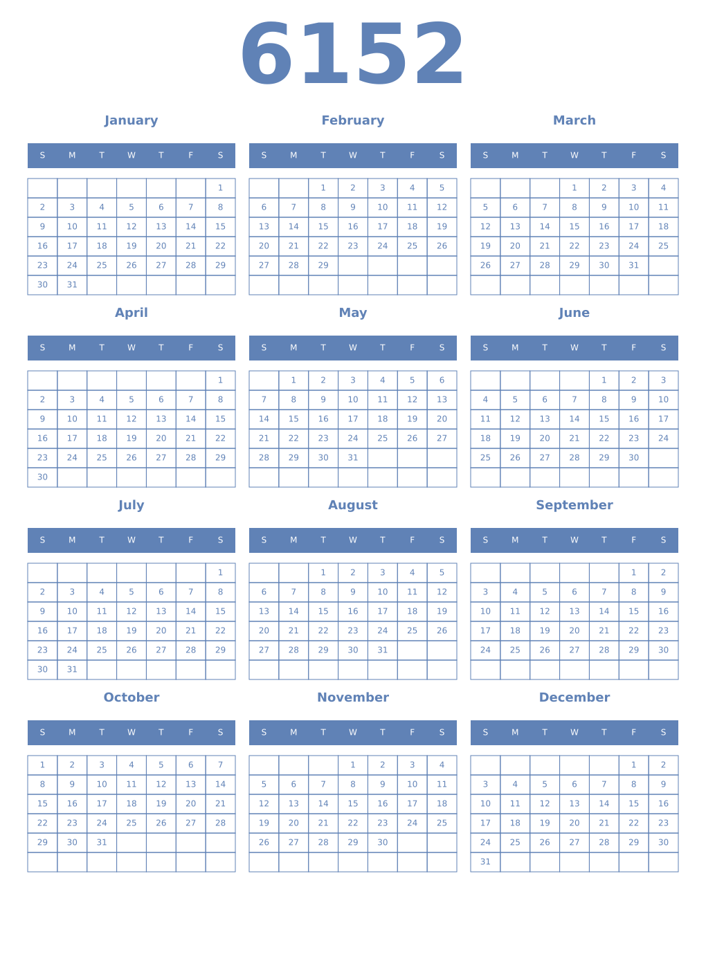 Printable 6152 Year Calendars glaucous