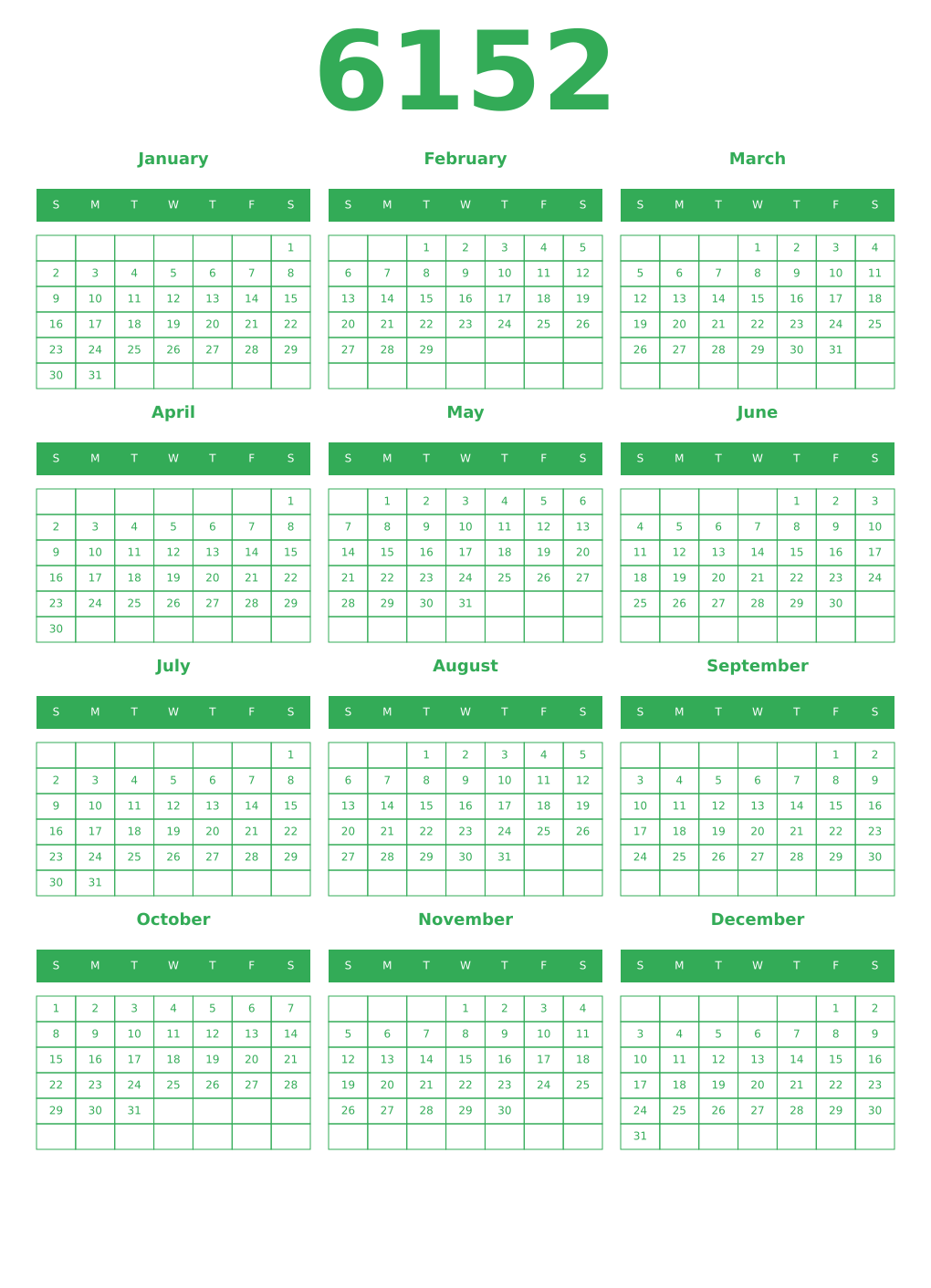Printable 6152 Year Calendars green