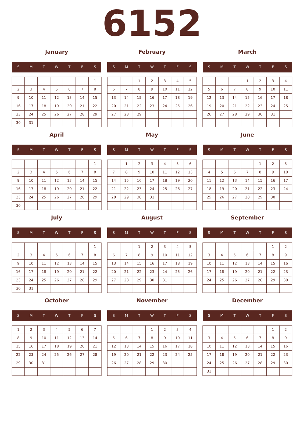 Printable 6152 Year Calendars mortuum