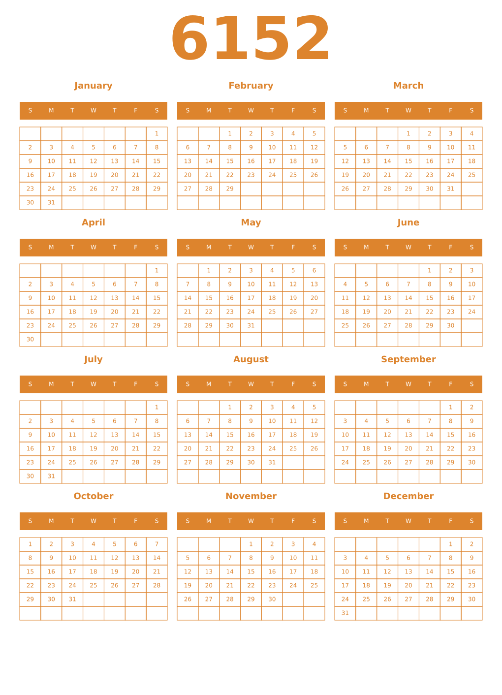 Printable 6152 Year Calendars orange
