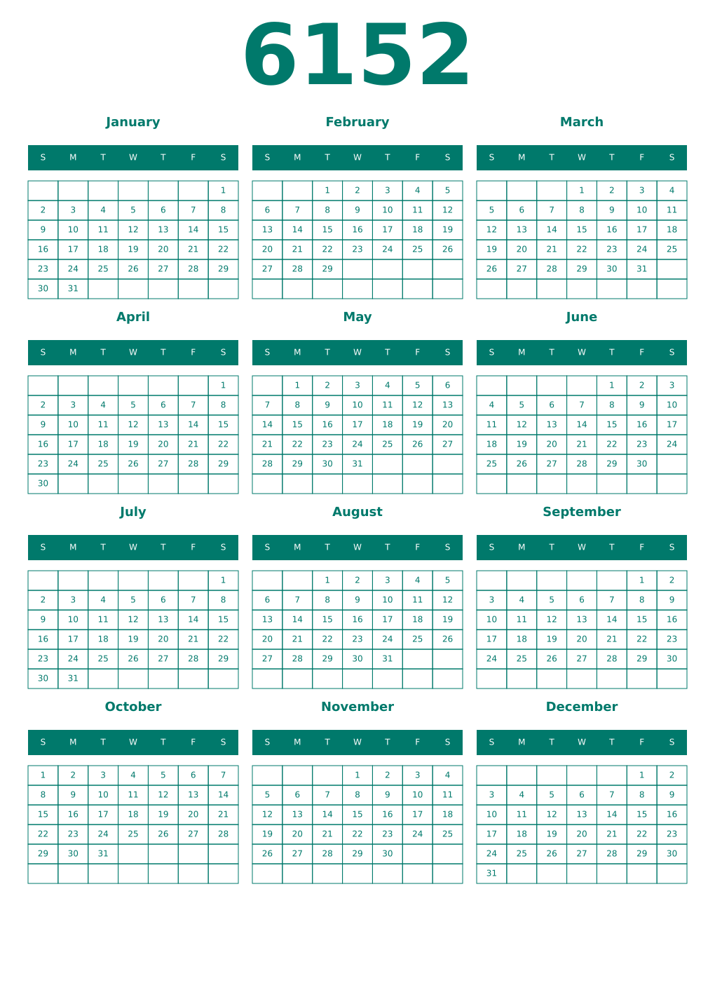 Printable 6152 Year Calendars pastel