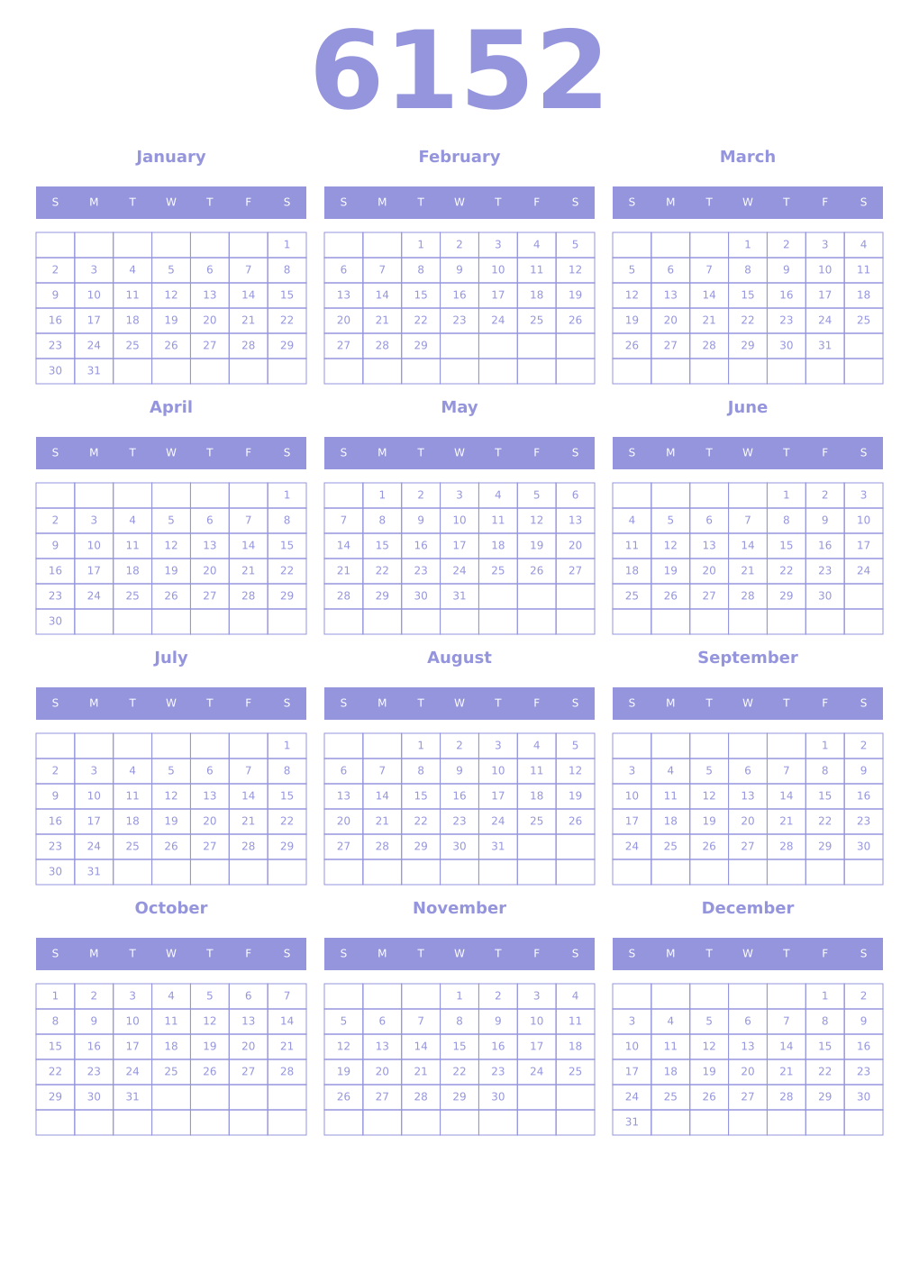 Printable 6152 Year Calendars periwinkle