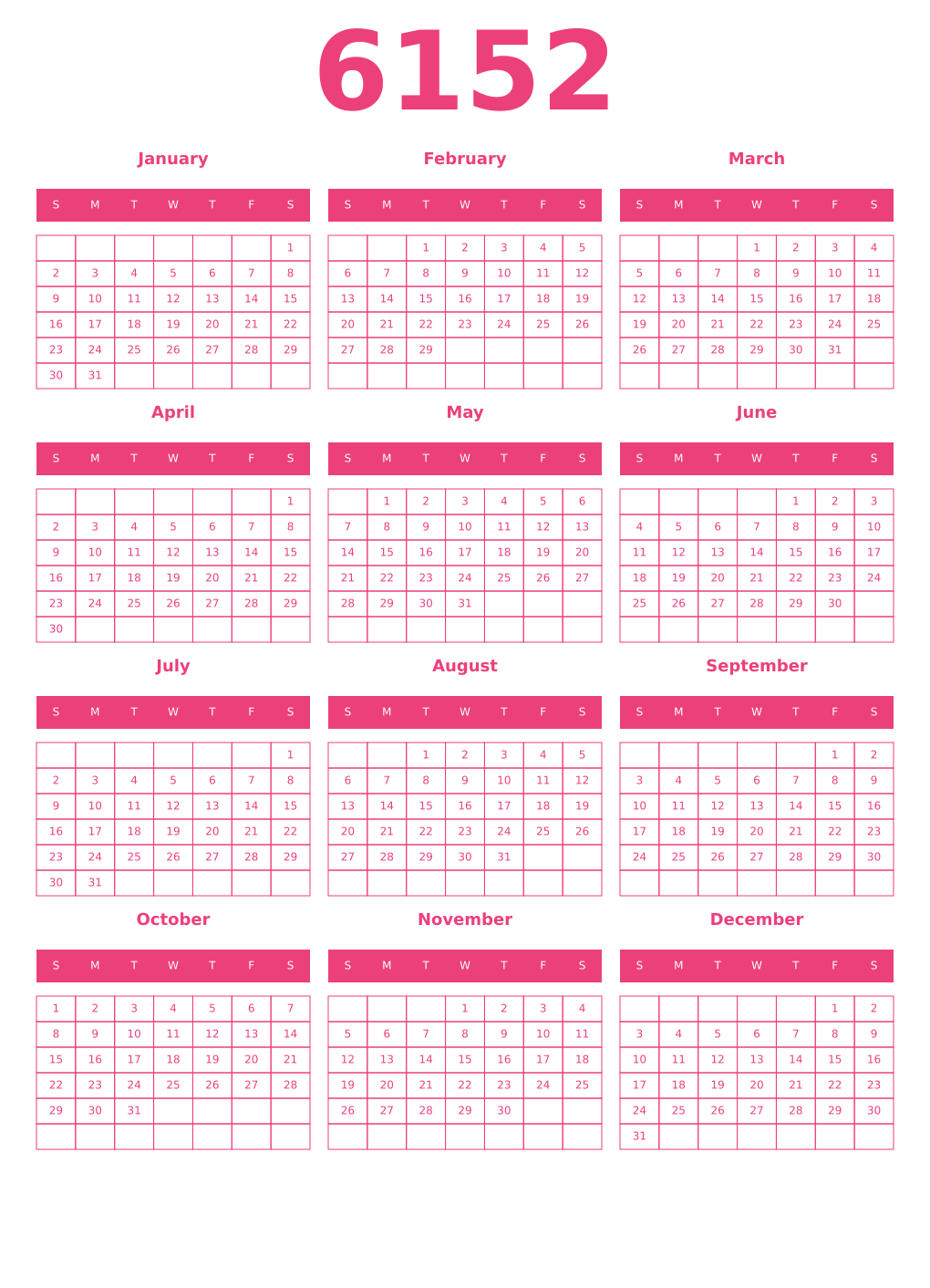 Printable 6152 Year Calendars pink