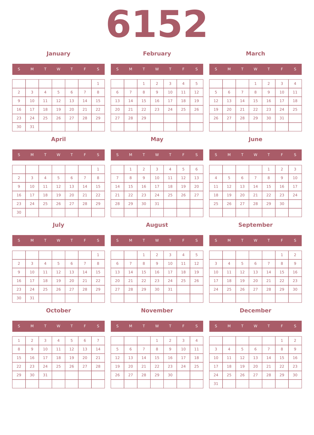 Printable 6152 Year Calendars puce