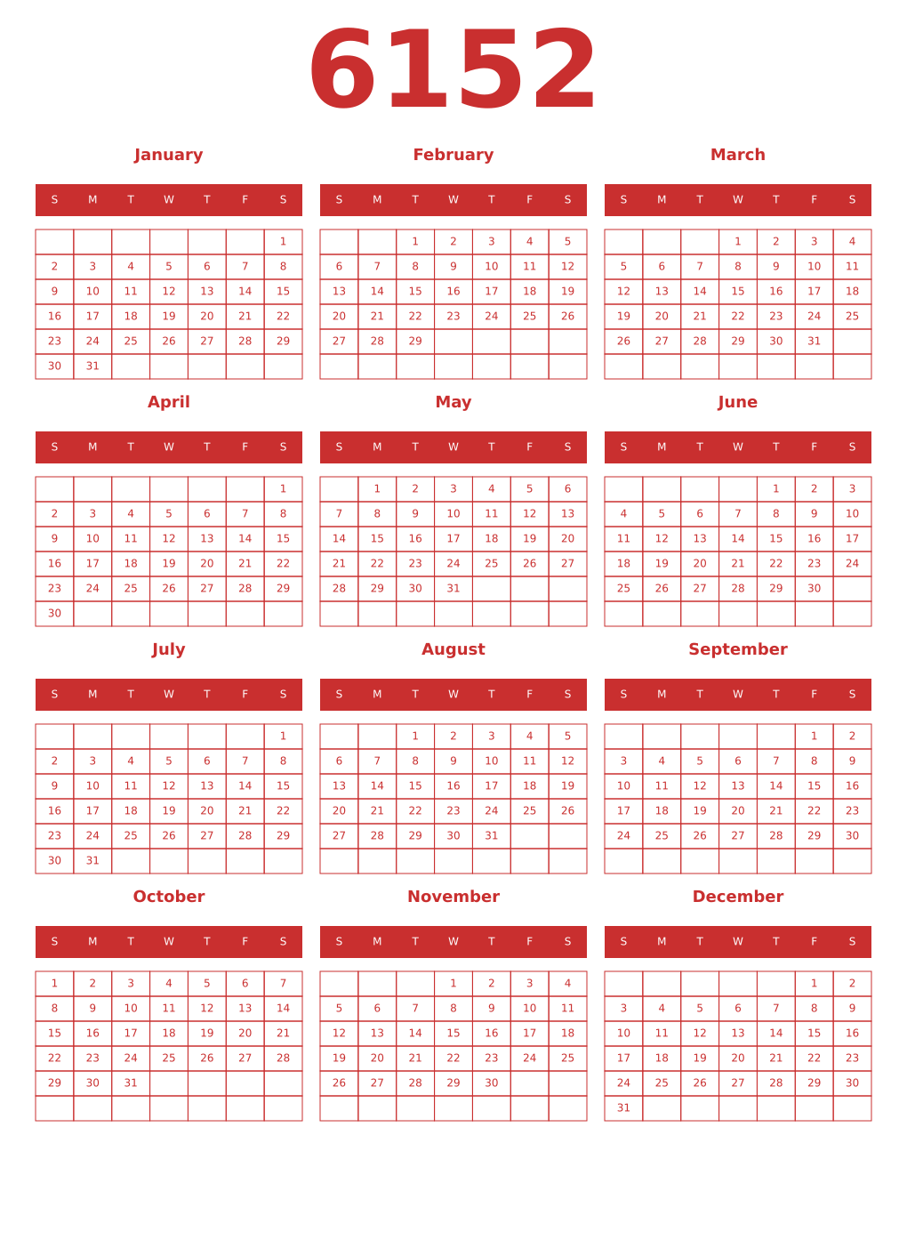 Printable 6152 Year Calendars red