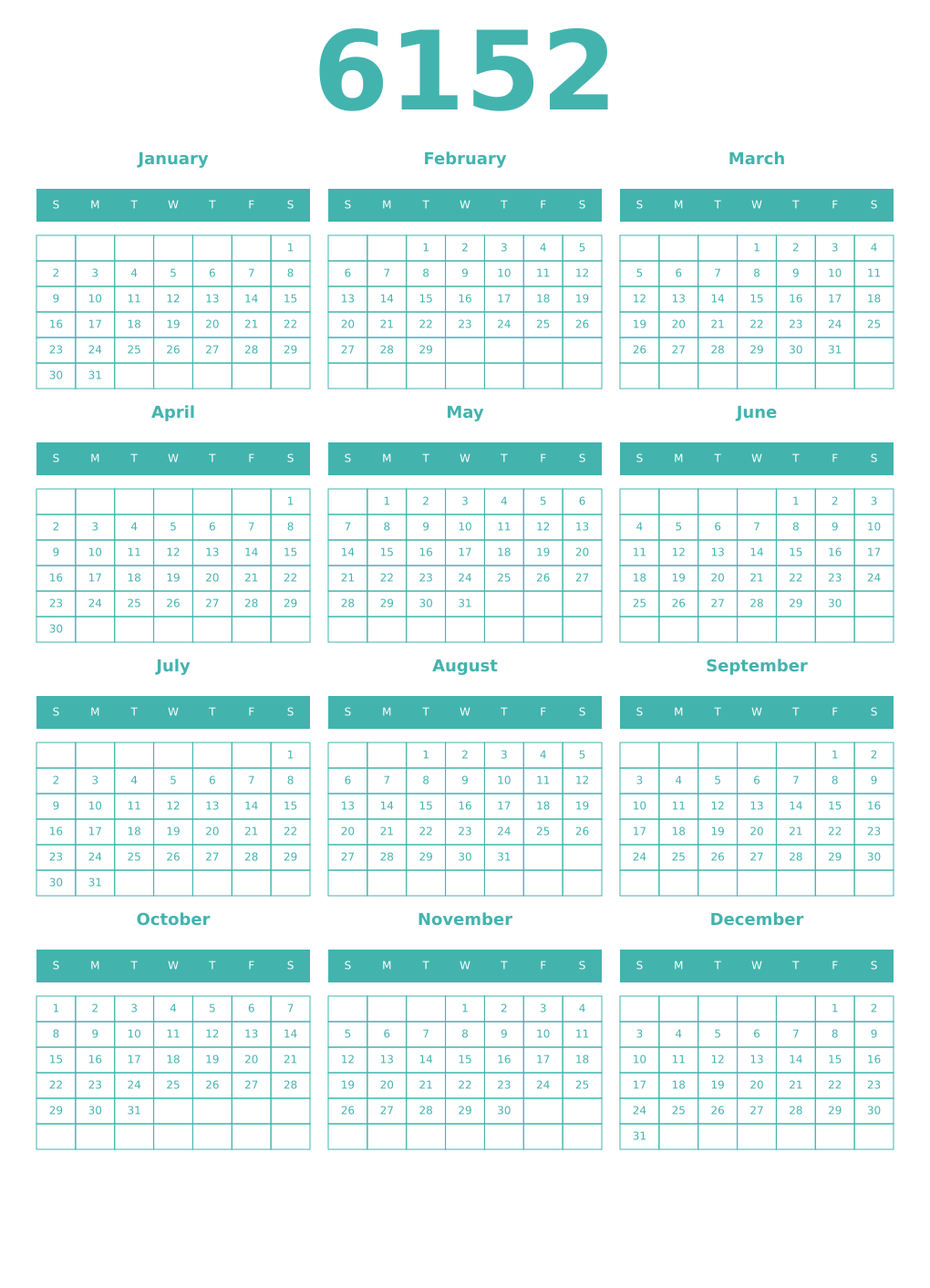 Printable 6152 Year Calendars verdigris