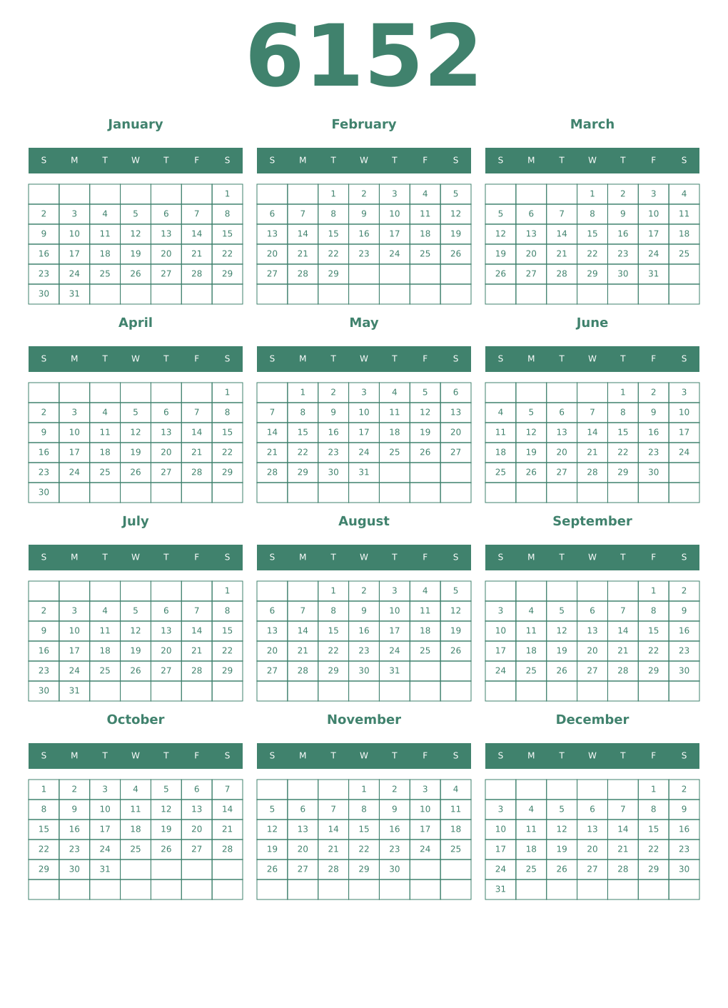 Printable 6152 Year Calendars viridian