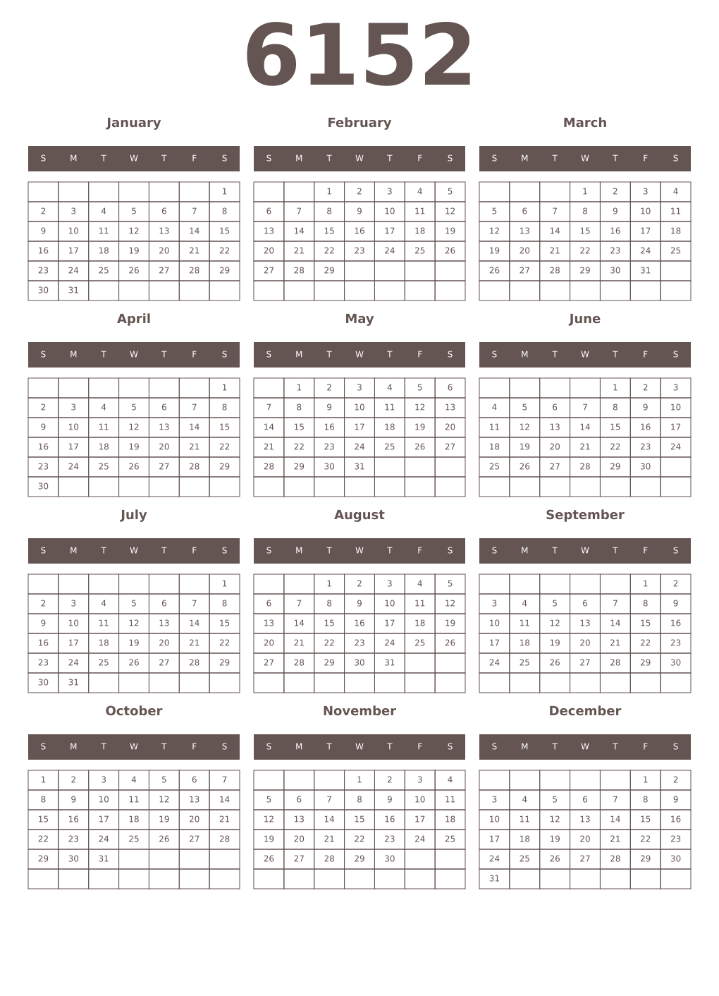 Printable 6152 Year Calendars wenge