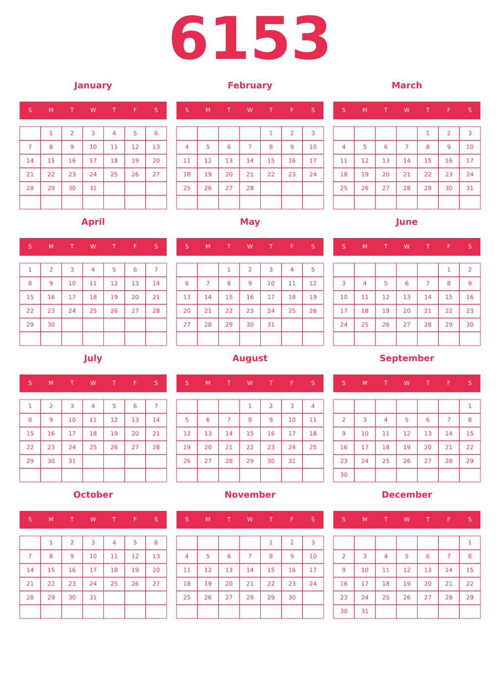 Printable 6153 Year Calendars amaranth