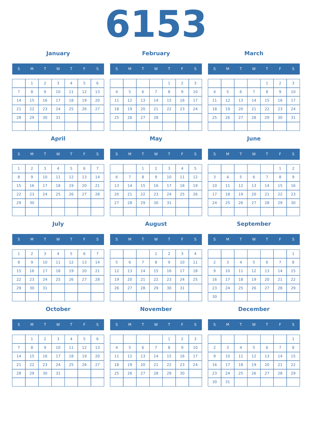 Printable 6153 Year Calendars blue