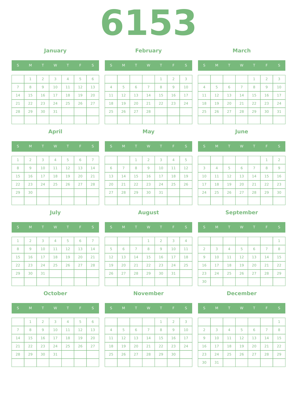 Printable 6153 Year Calendars celadon