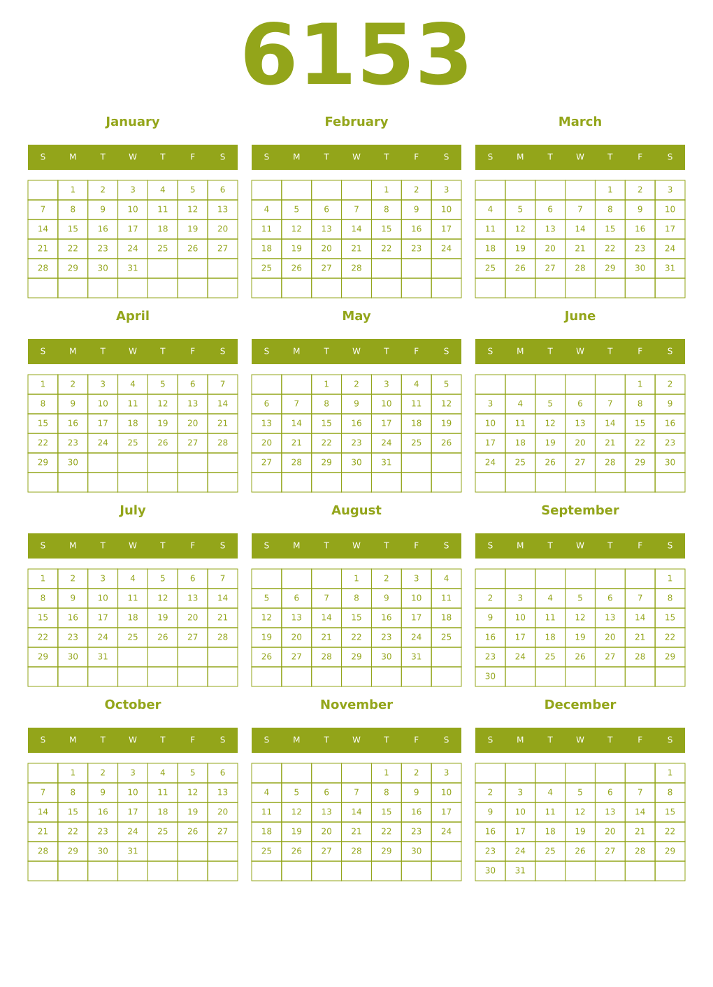 Printable 6153 Year Calendars chartreuse