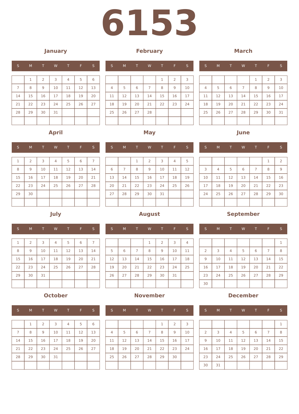Printable 6153 Year Calendars coffe