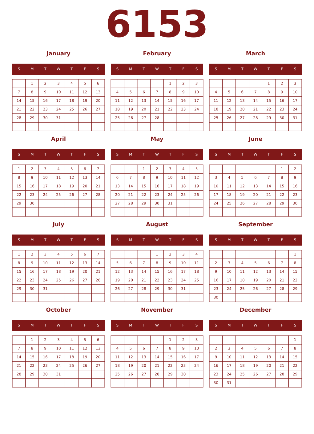 Printable 6153 Year Calendars falu