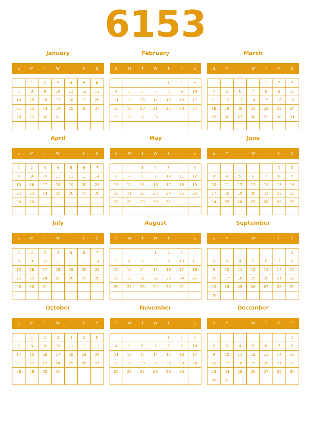 Printable 6153 Year Calendars gamboge