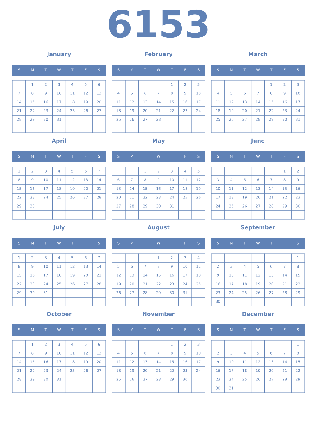 Printable 6153 Year Calendars glaucous