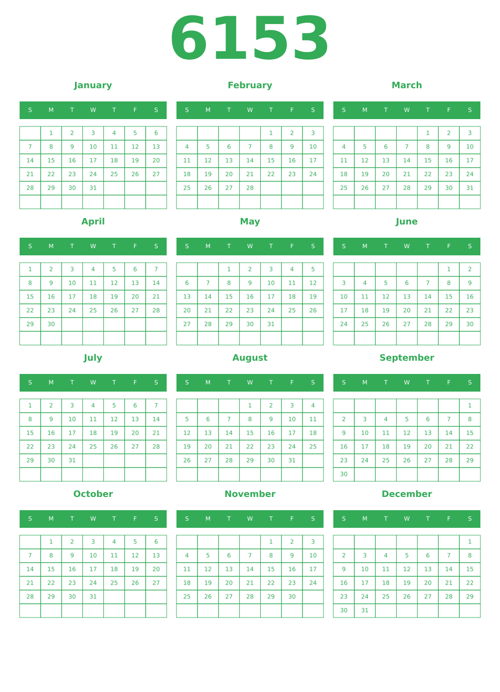 Printable 6153 Year Calendars green