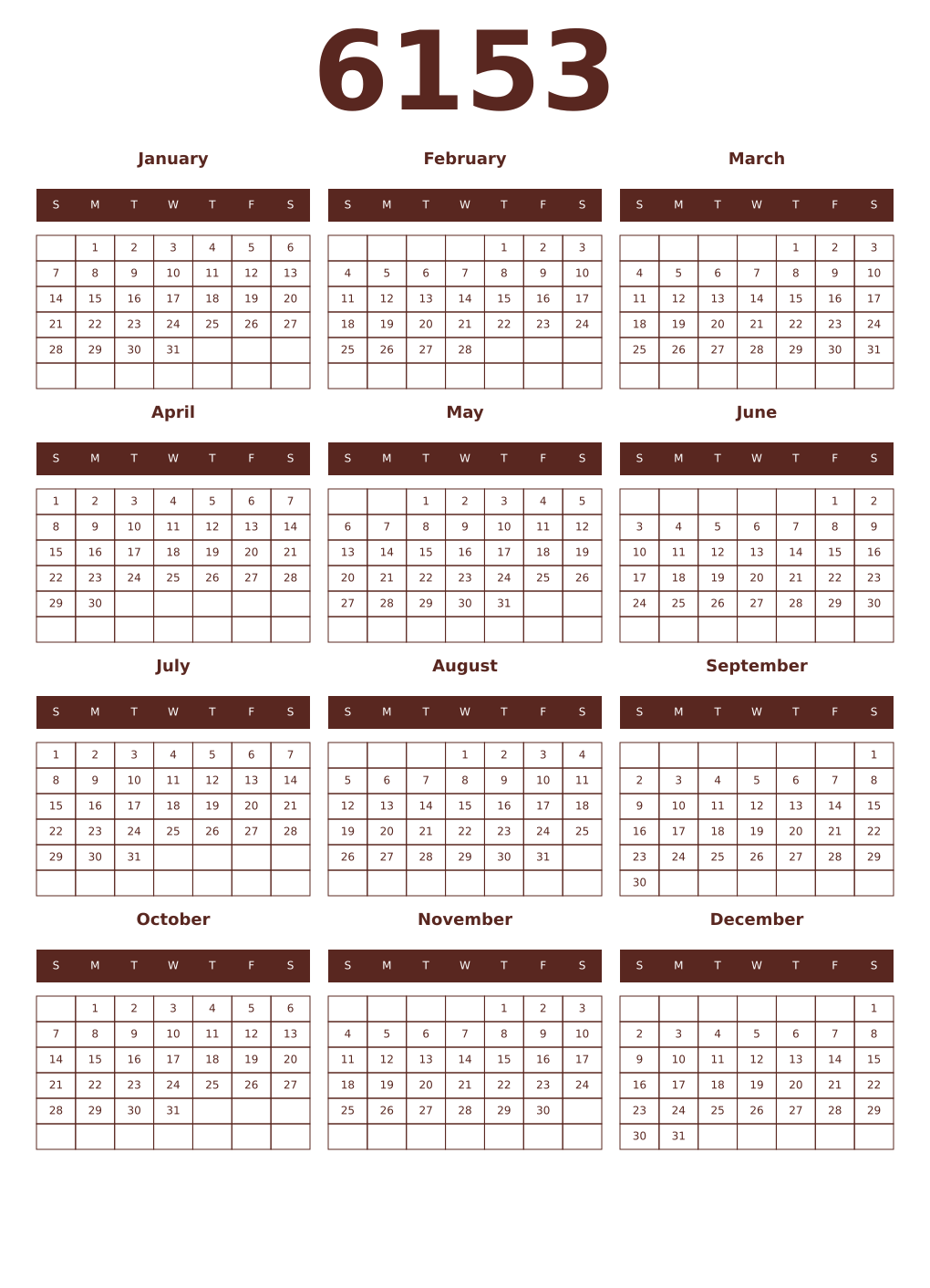 Printable 6153 Year Calendars mortuum