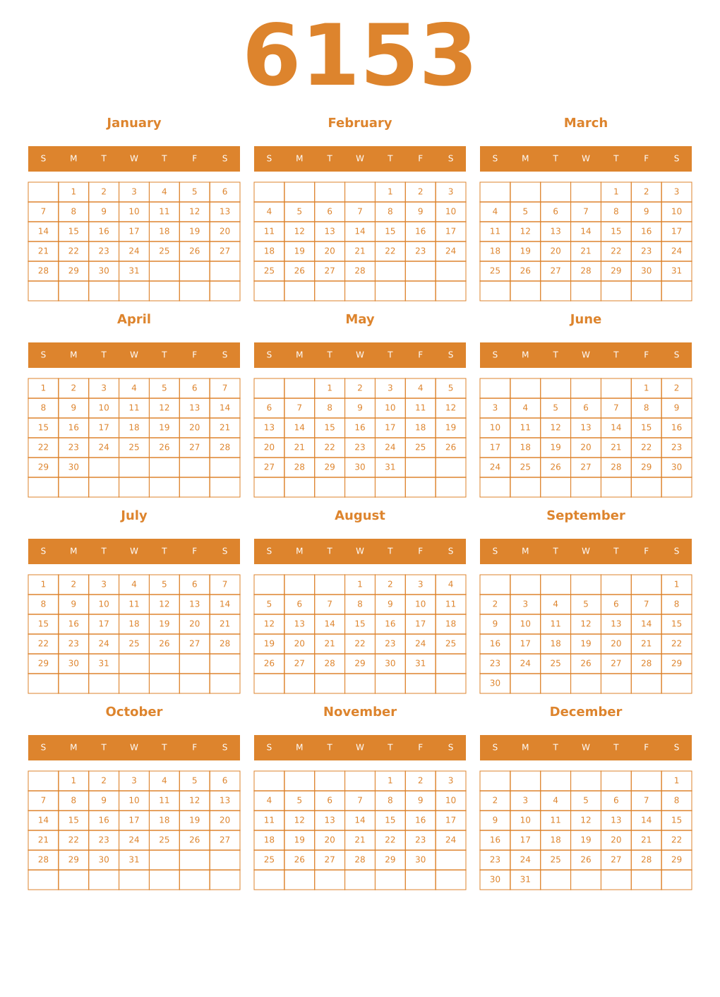 Printable 6153 Year Calendars orange