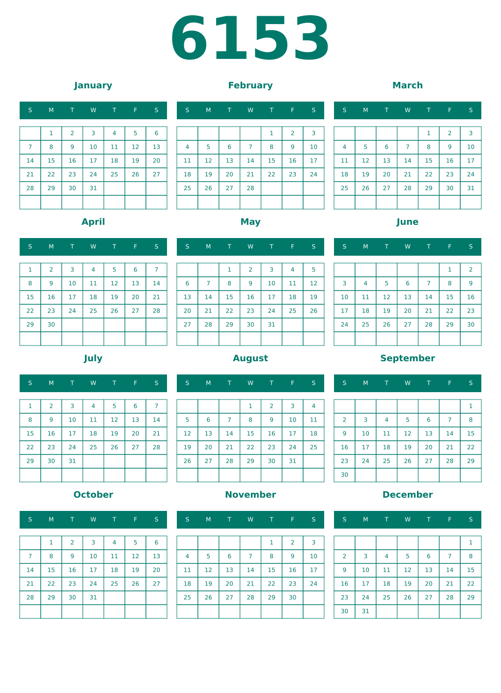 Printable 6153 Year Calendars pastel