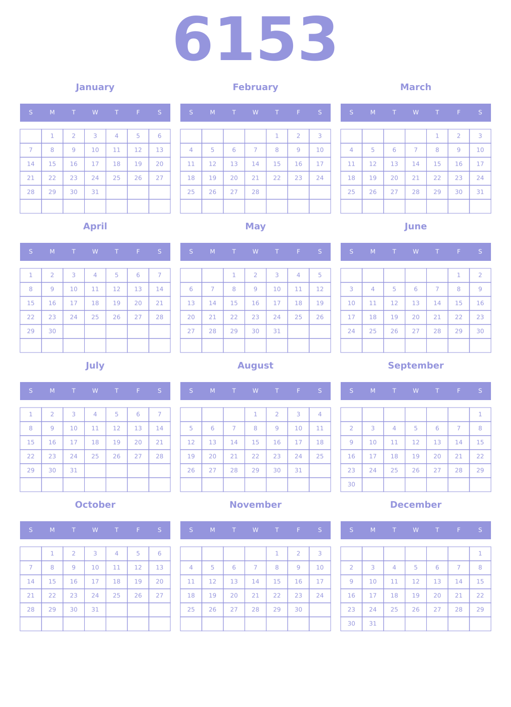 Printable 6153 Year Calendars periwinkle