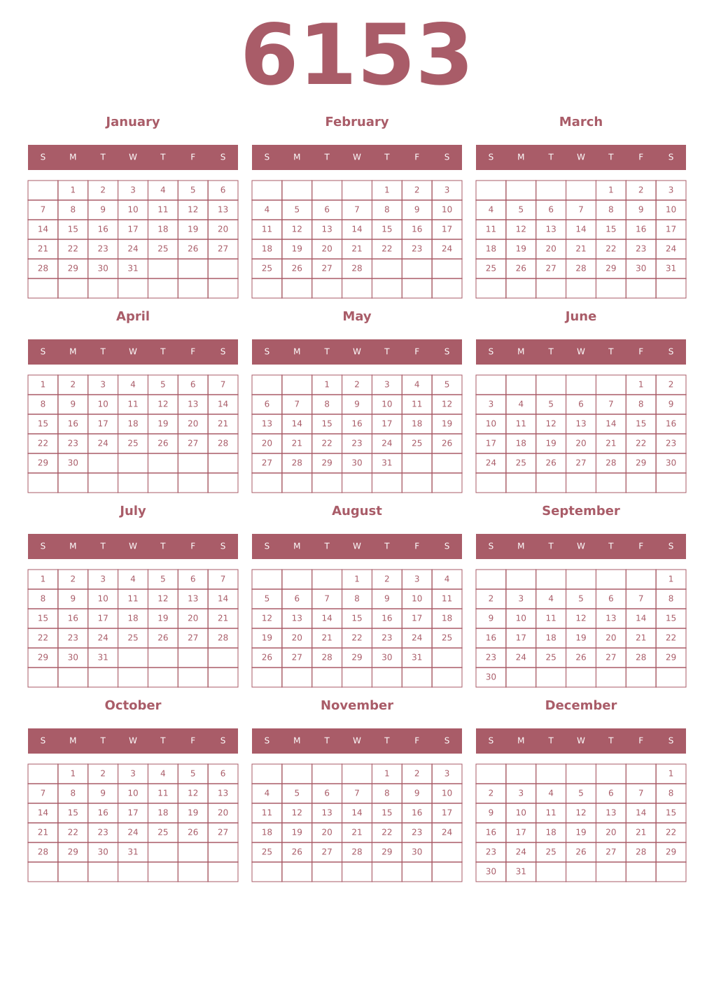 Printable 6153 Year Calendars puce