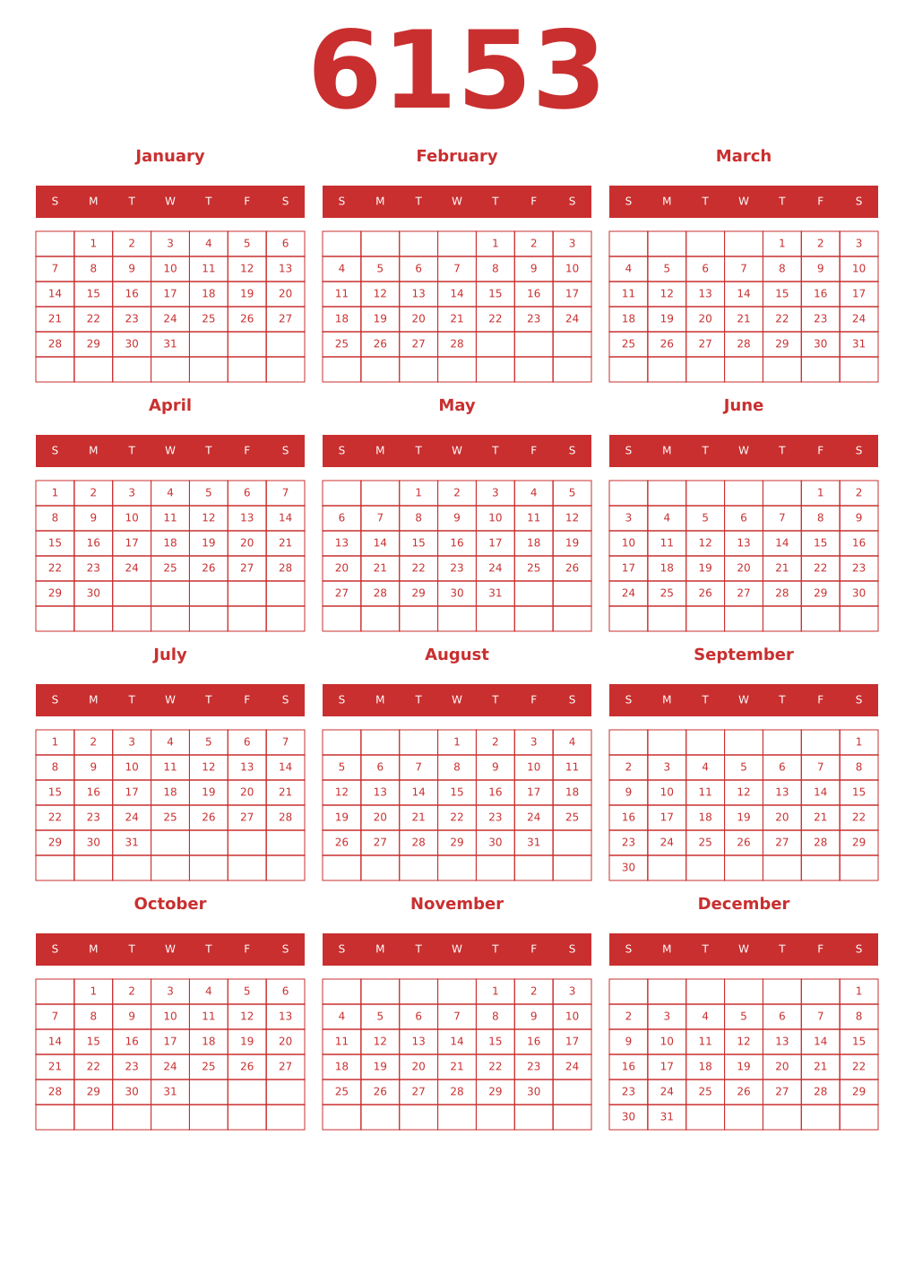 Printable 6153 Year Calendars red