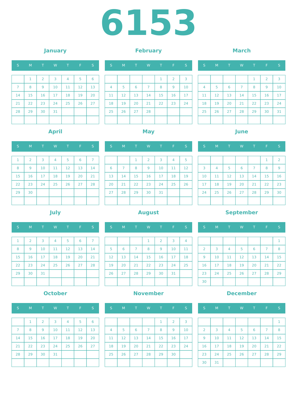 Printable 6153 Year Calendars verdigris