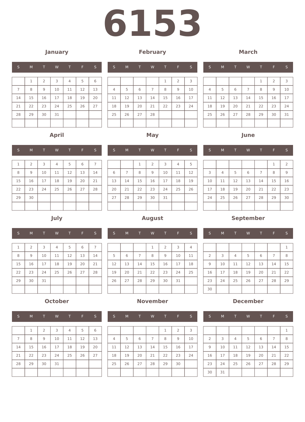 Printable 6153 Year Calendars wenge