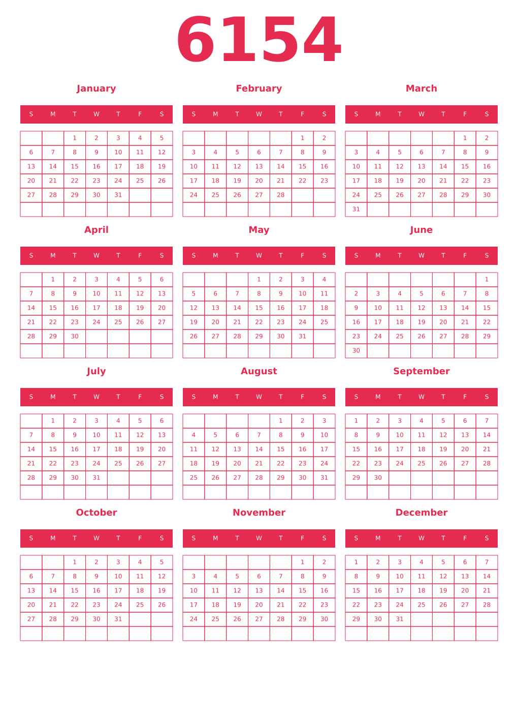 Printable 6154 Year Calendars amaranth
