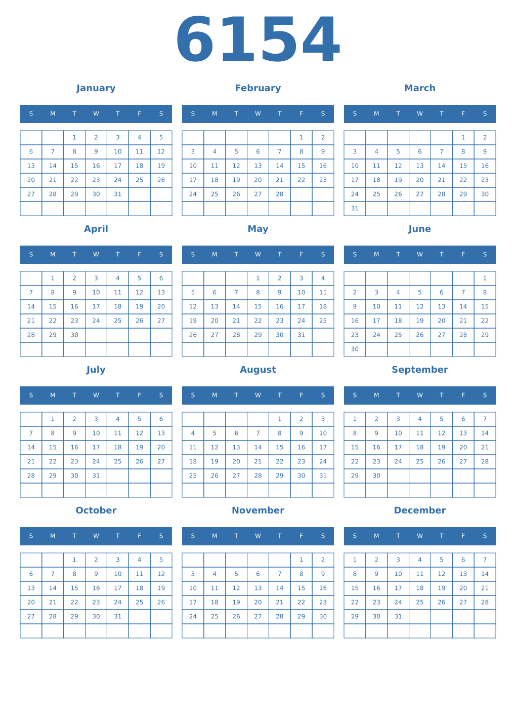 Printable 6154 Year Calendars blue